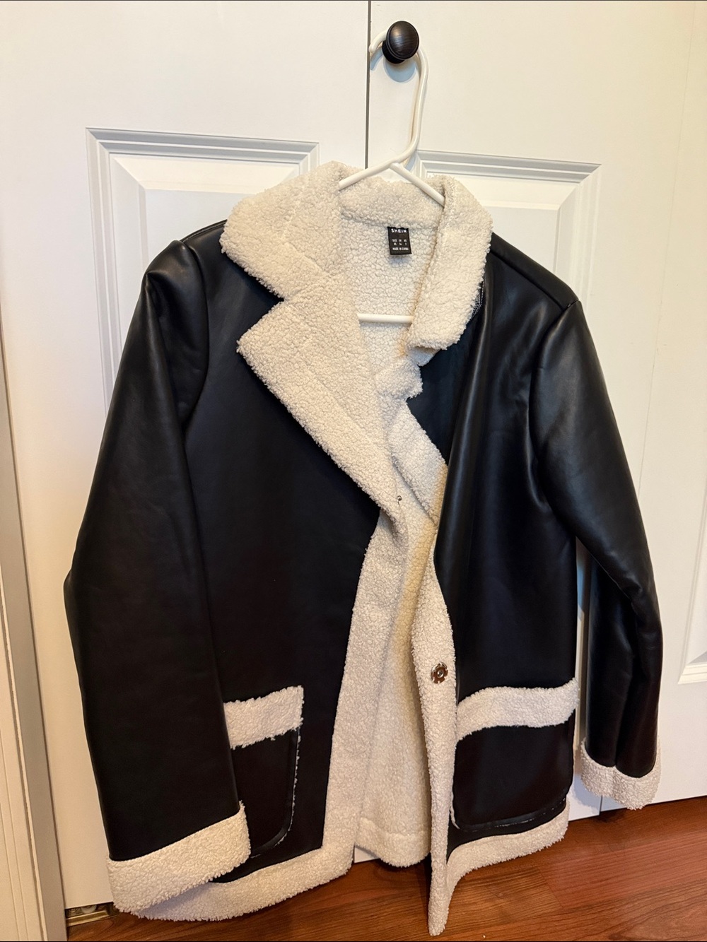 SHEIN Black Faux Leather Sherpa Jacket with Cream Trim